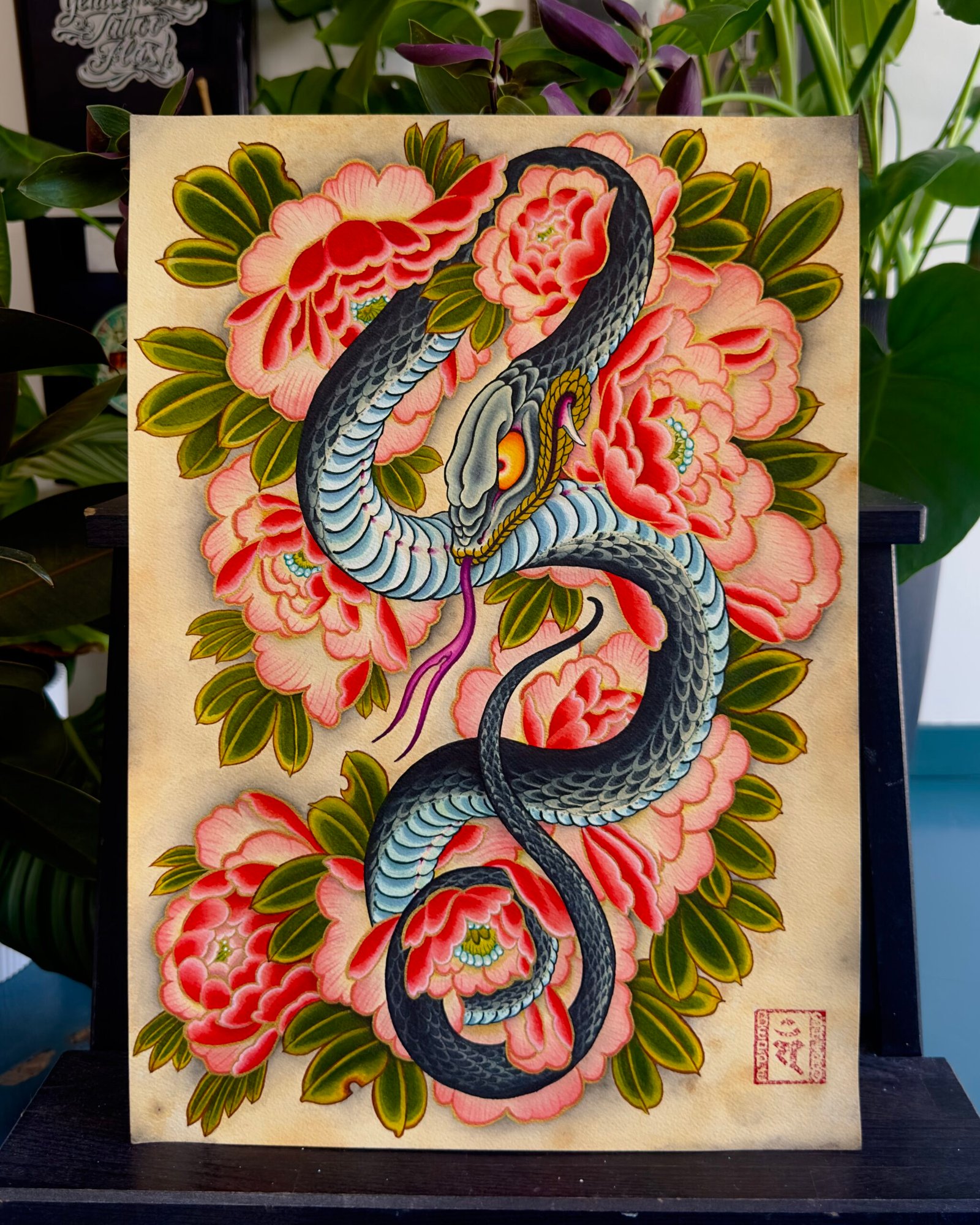 Hand-painted snake and peonies artwork