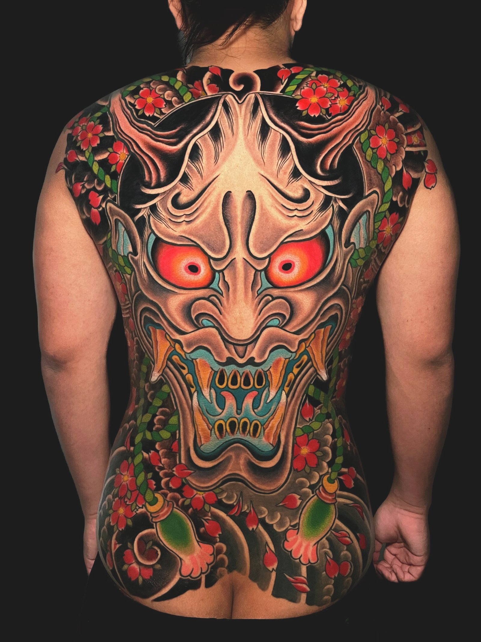 Completed Hannya back-piece tattoo